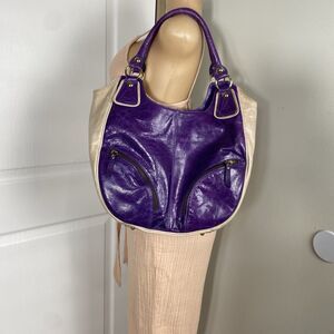 Roberta Gandolfi Purple Leather Tote Hobo Bag Dual Handles Front Zipper Pockets